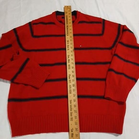 Tommy Hilfiger Men's Medium Red/Blue Striped 100% Cotton Long-Sleeved Sweater - Picture 7 of 10